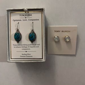 Two earrings: Turquoise dangly earrings and a bold pair of Tory Burch studs!